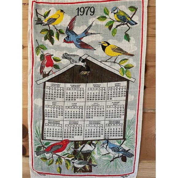 Vintage Linen Tea Towel/Wall Hanger. Canada. Bird house Birds. 1979 Calendar - Picture 1 of 4